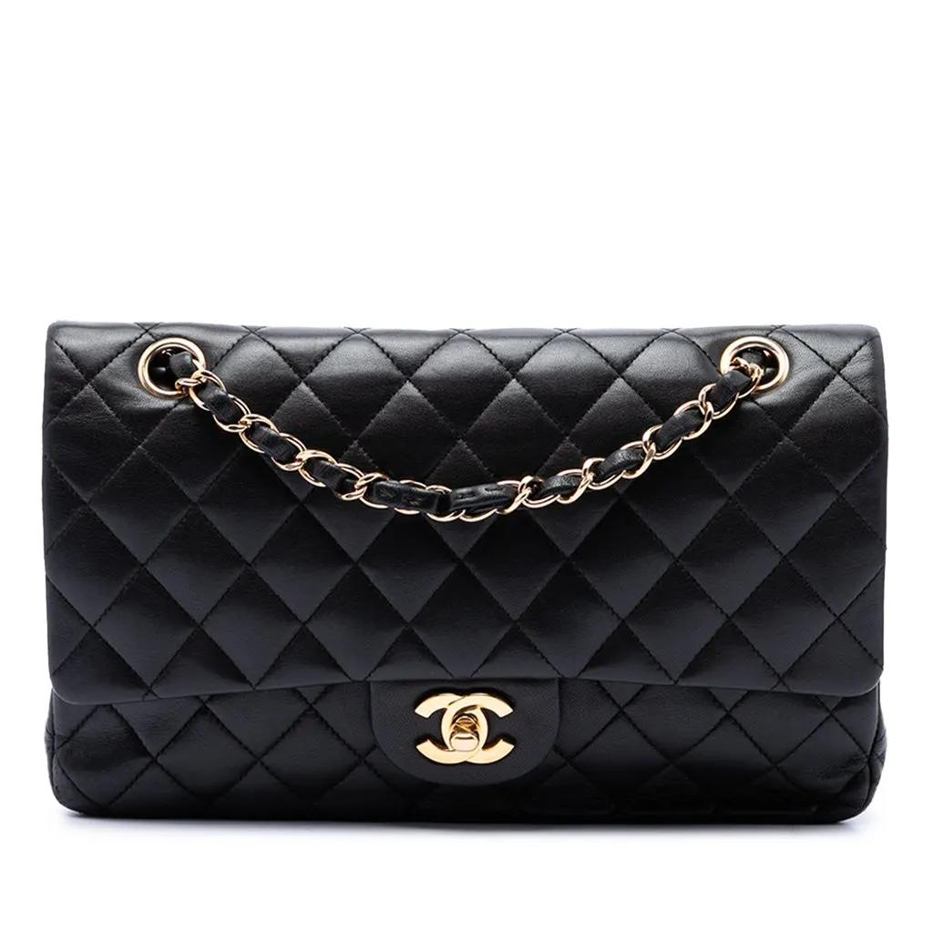 Chanel Medium Classic Lambskin Double Flap Black Leather Very good - Front View