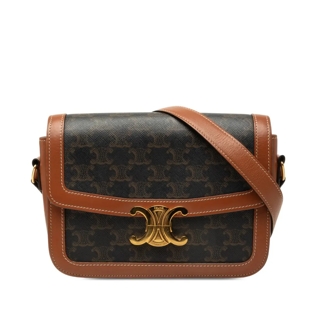 Celine Classique Triomphe Coated Canvas and Calfskin Triomphe Crossbody Brown Canvas Good - Front View
