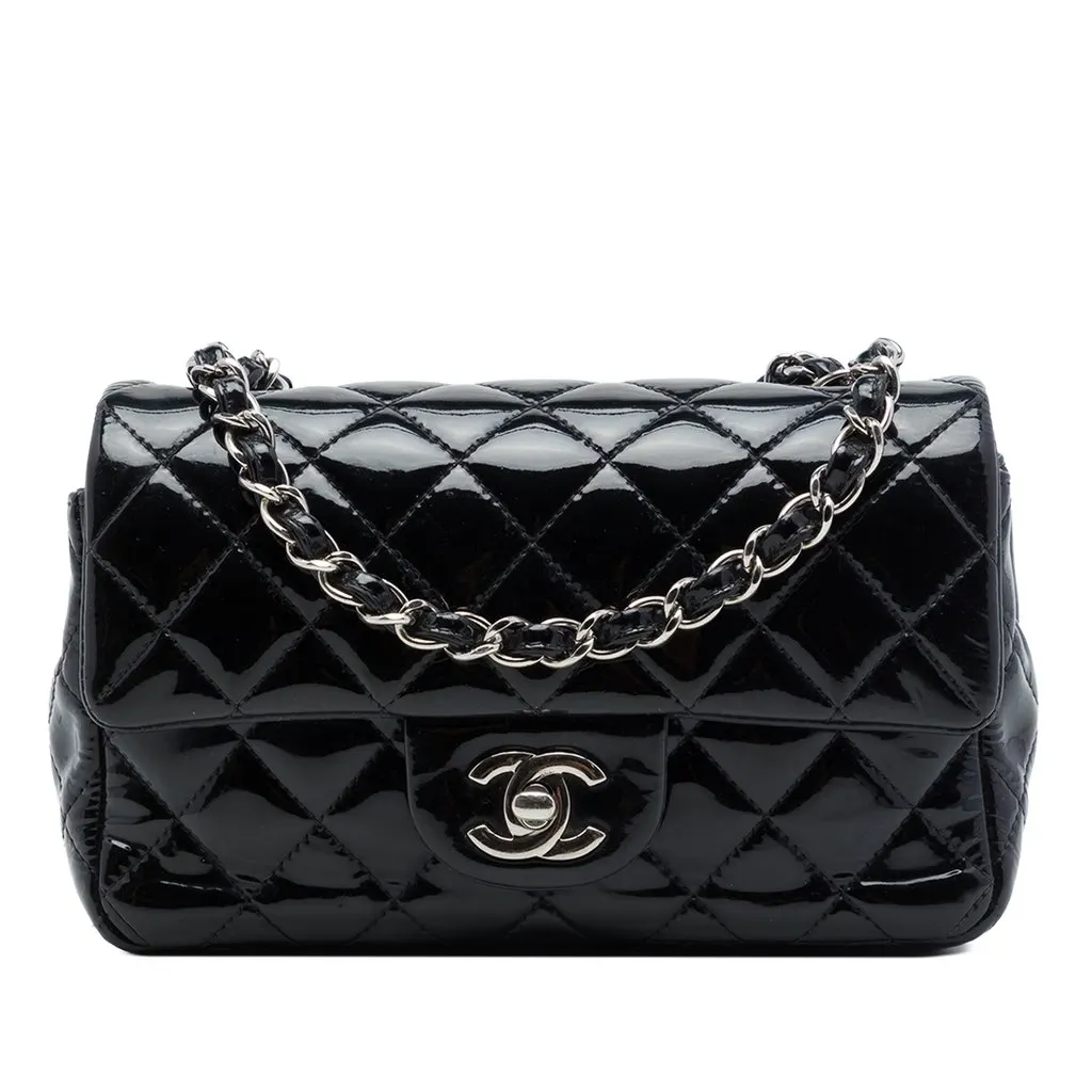 Chanel Mini Rectangular Classic Patent Single Flap Black Leather Good - Front View