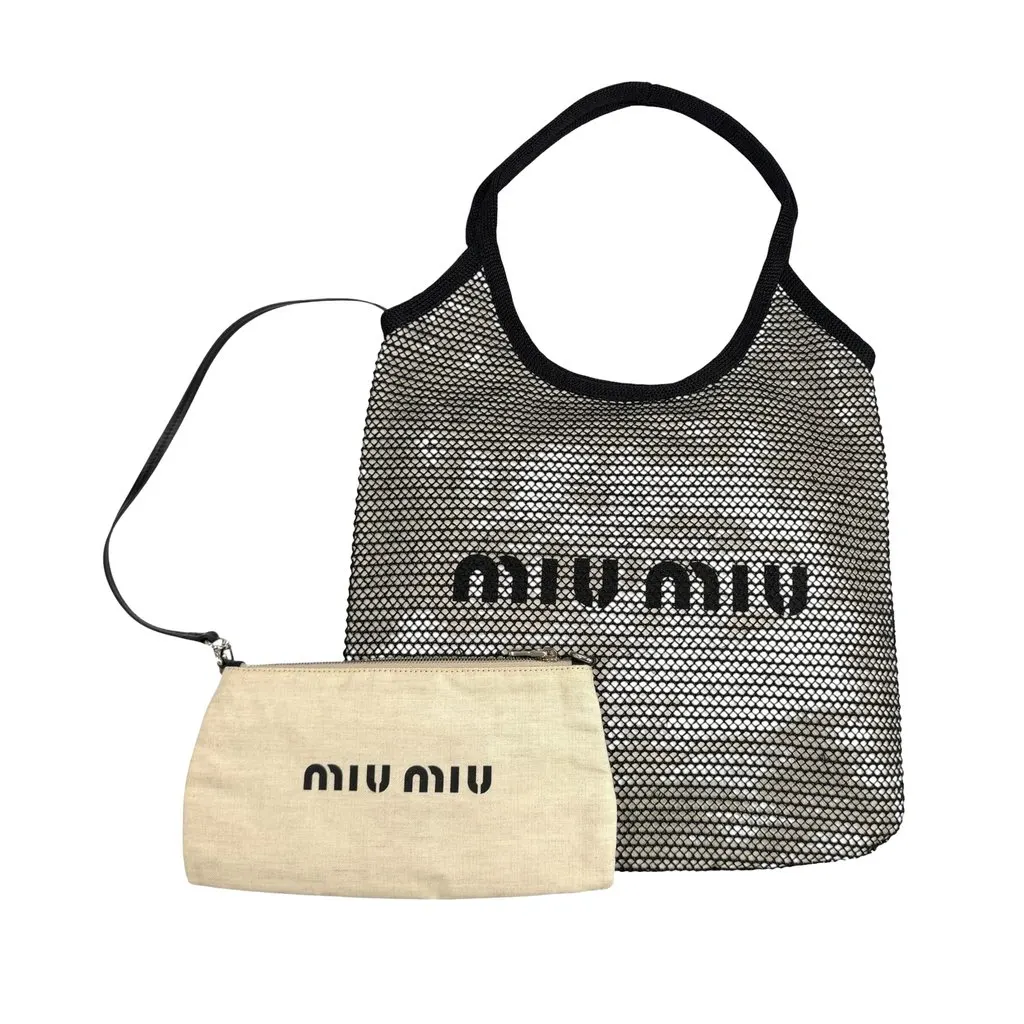 Miu Miu Raffia Mesh Ivy Tote Black Rattan Very good - Front View