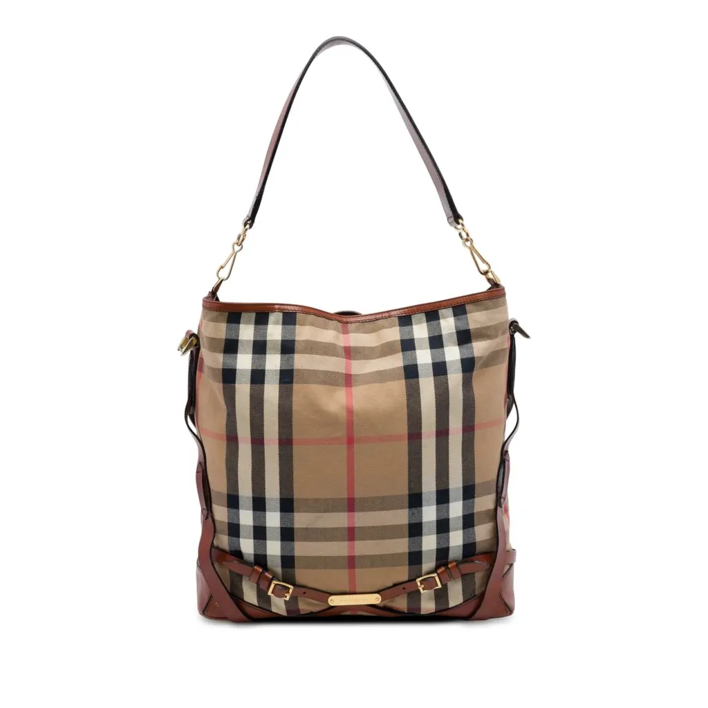 Burberry House Check Canvas Gosford Bridle Satchel Beige Good - Front View