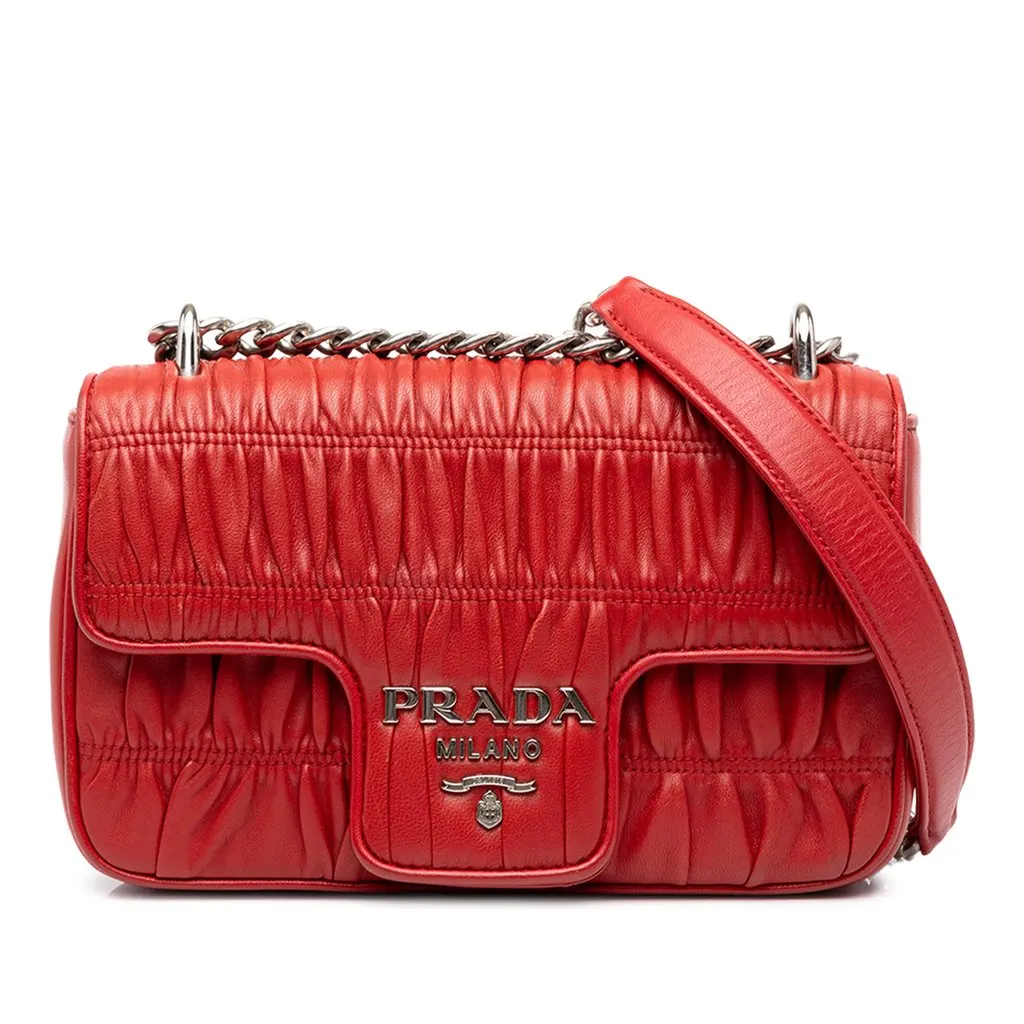Prada Nappa Gaufre Chain Flap Red Leather Very good - Front View