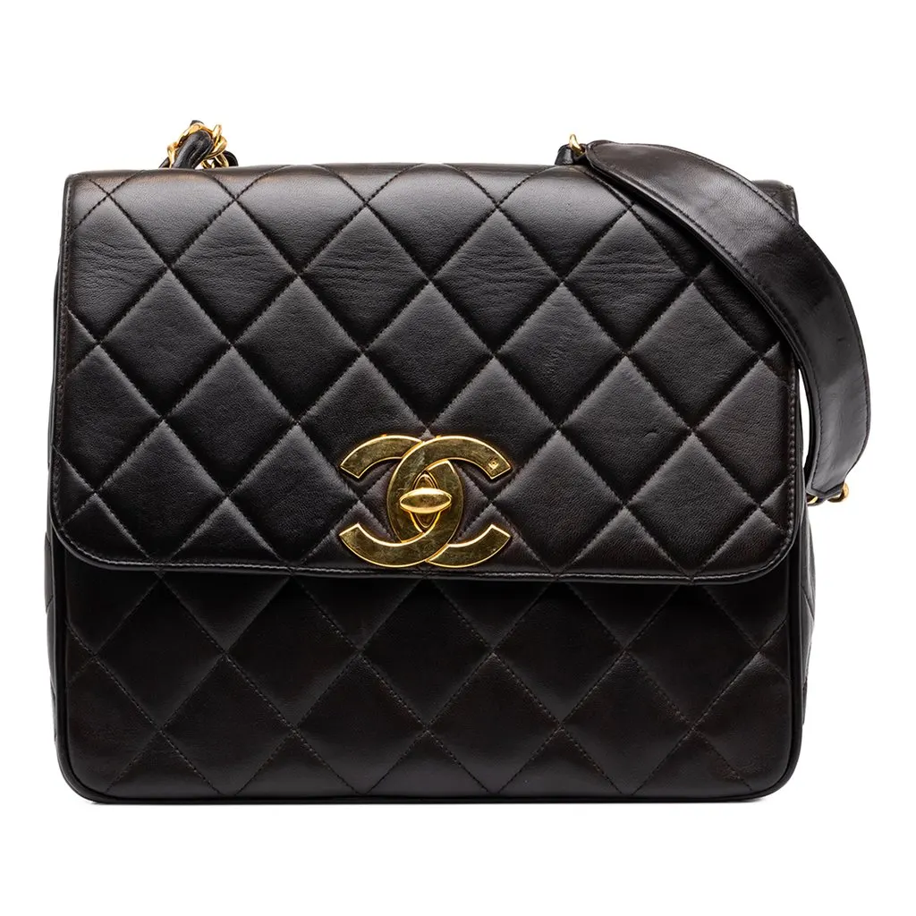Chanel XL CC Quilted Lambskin Square Single Flap Black Leather Good - Front View