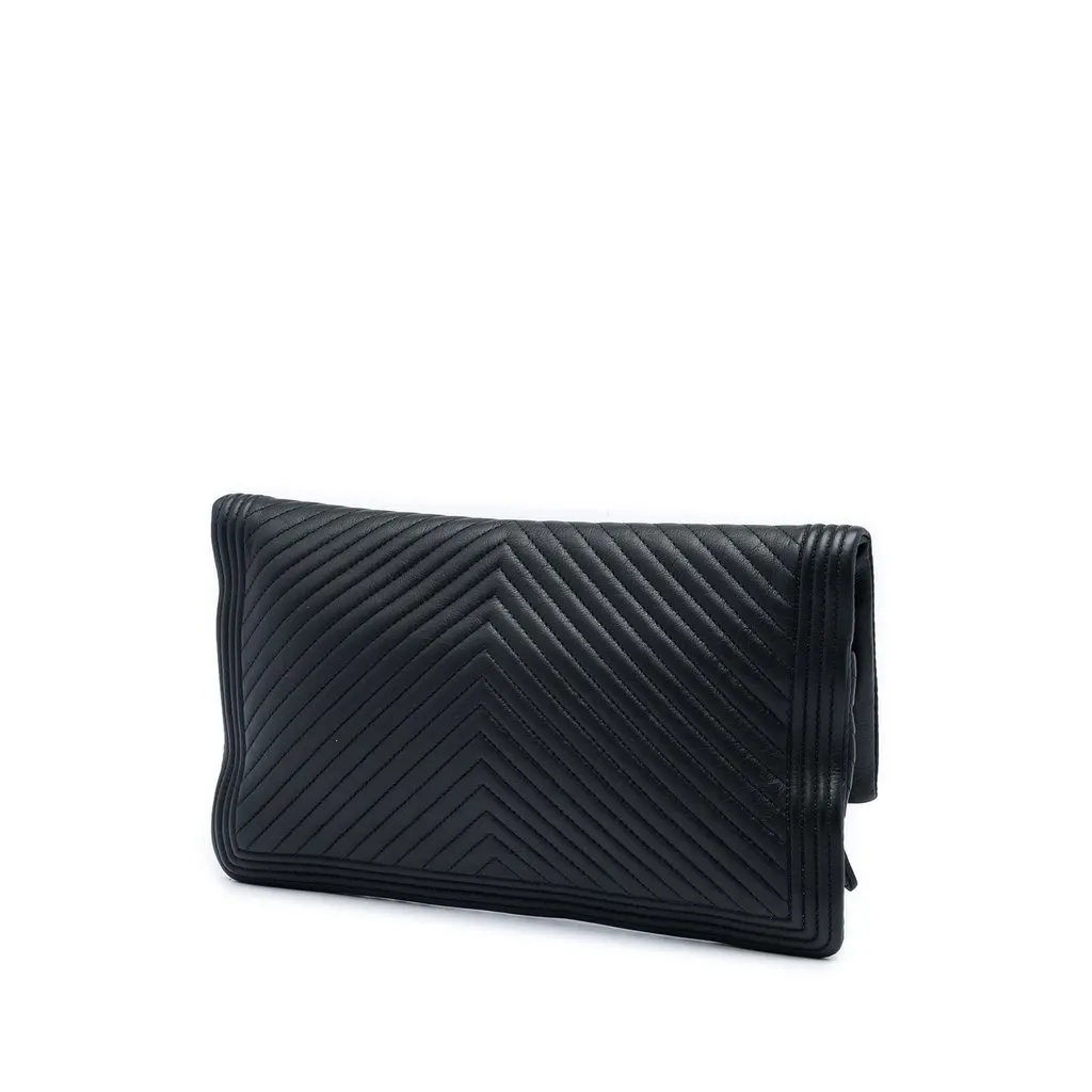 Chanel Chevron Calfskin CC Beauty Boy Foldover Clutch Black Leather Very good - Back View