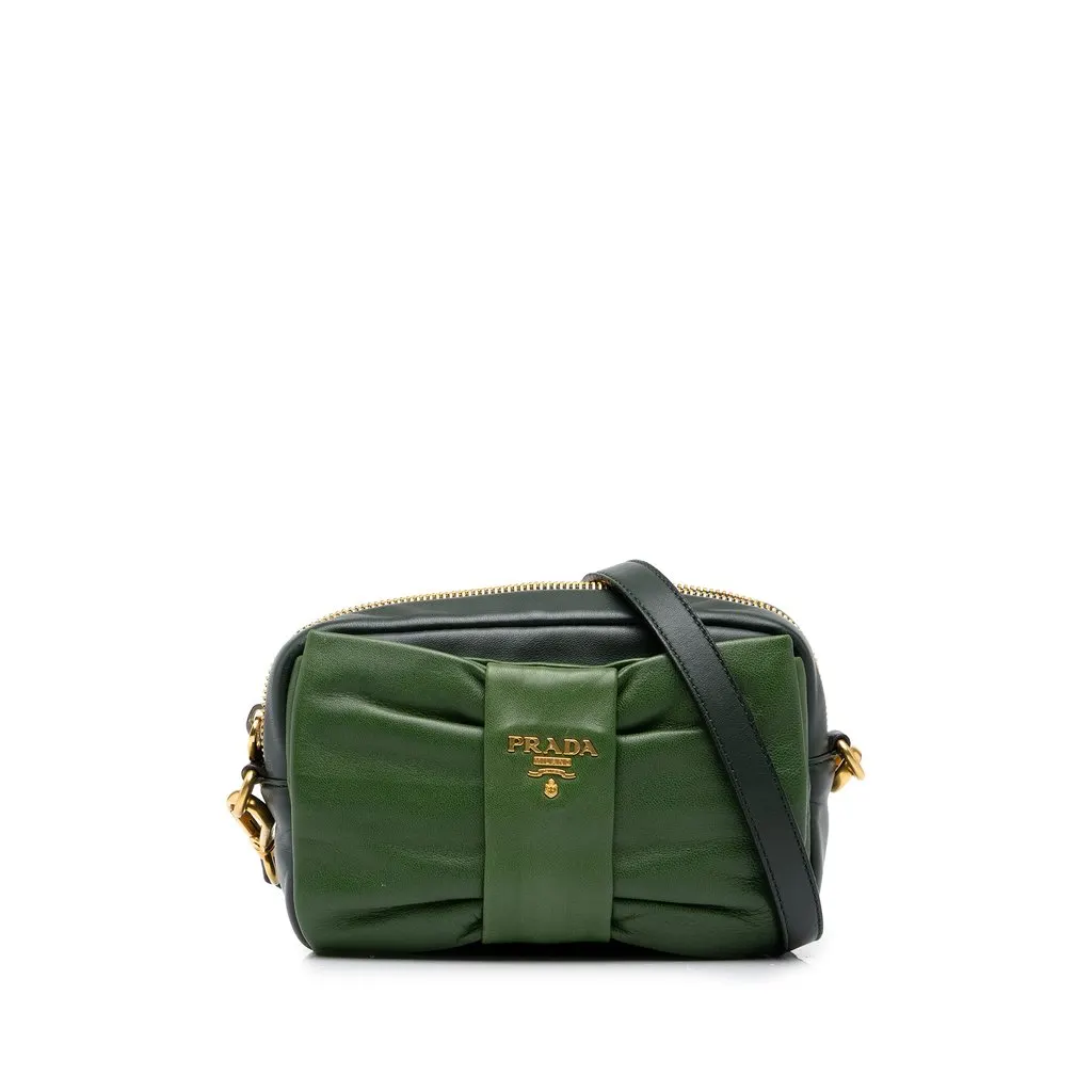 Prada Bicolor Nappa Fiocco Clutch on Strap Green Leather Good - Front View