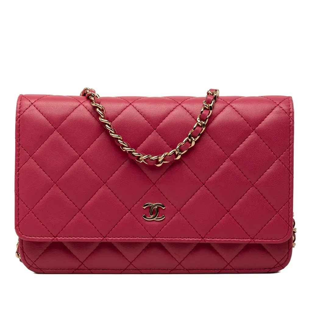 Chanel CC Quilted Lambskin Wallet on Chain Red Leather Very good - Front View