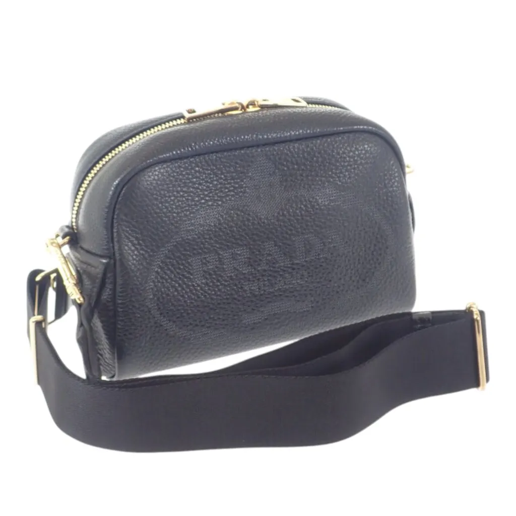 Prada Vitello Daino Perforated Logo Camera Bag Black Leather Very good - Front View