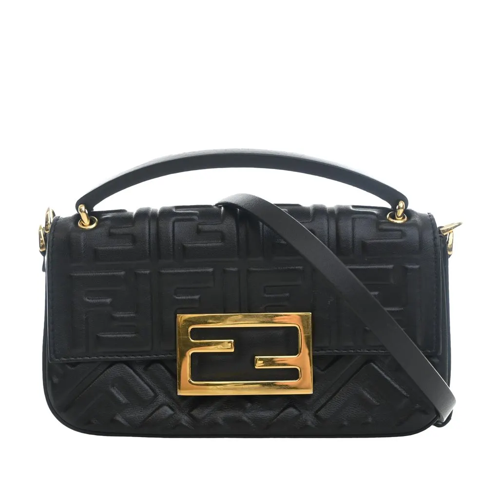 Fendi Zucca Embossed Leather Baguette Phone Pouch Satchel Black Leather Very good - Front View