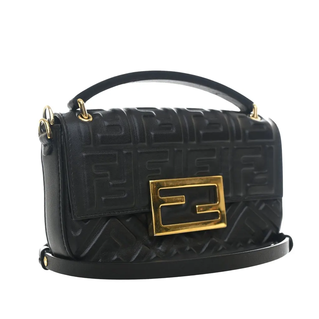 Fendi Zucca Embossed Leather Baguette Phone Pouch Satchel Black Leather Very good - Back View