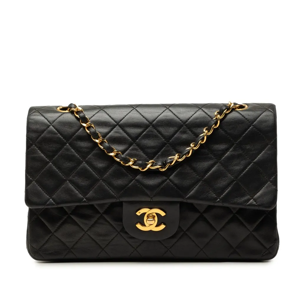 Chanel Medium Classic Lambskin Double Flap Black Leather Good - Front View