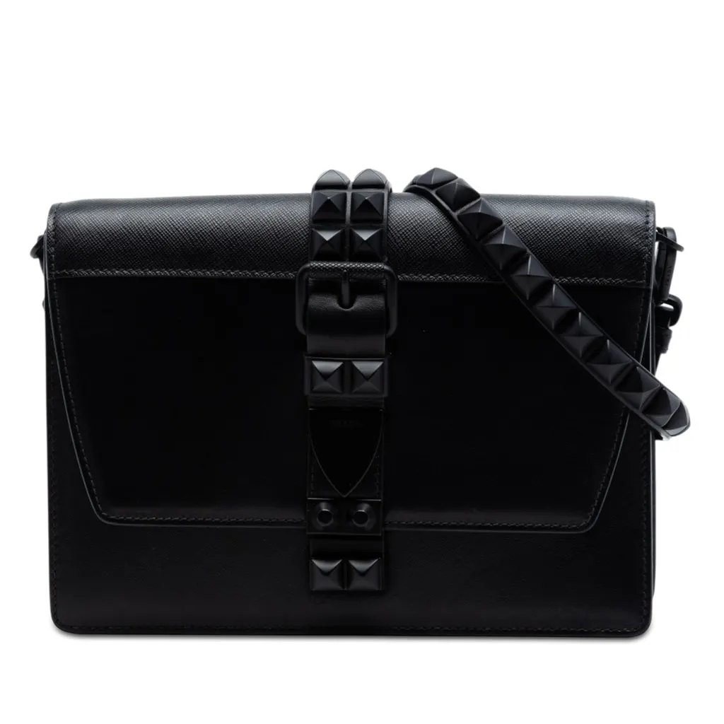 Prada Saffiano Trimmed Studded City Calf Elektra Crossbody Black Leather Very good - Front View