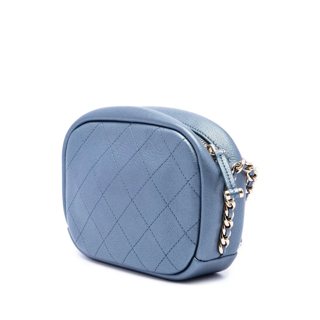 Chanel Small Quilted Metallic Goatskin Casual Trip Camera Bag Blue Leather Very good - Back View