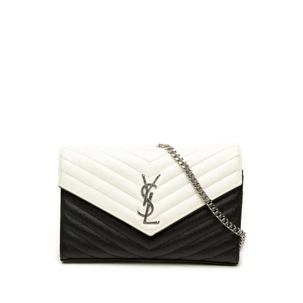 Saint Laurent Bicolor Grain De Poudre Chevron Monogram Envelope Chain Wallet Black Leather Very good - Front View