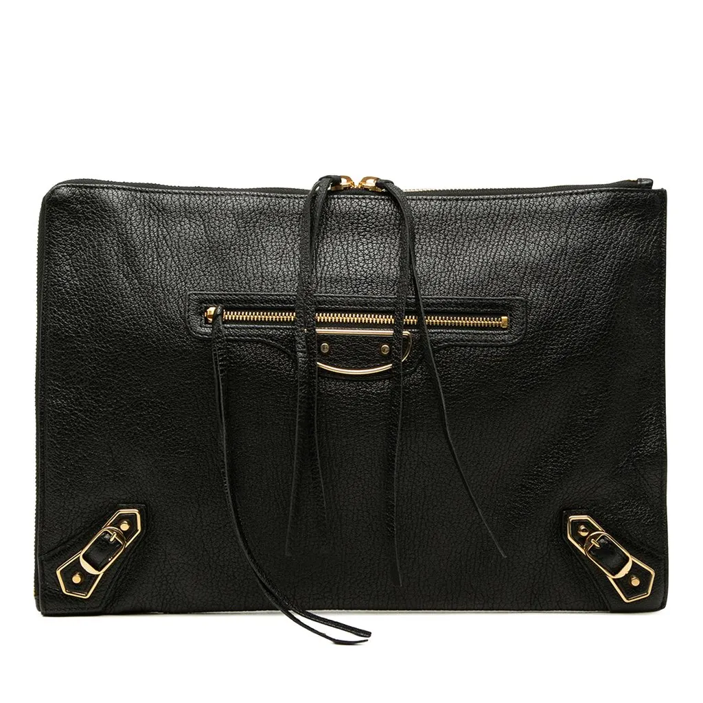 Balenciaga Medium Goatskin Motocross Classic Metallic Edge Clutch Black Leather Good - Front View