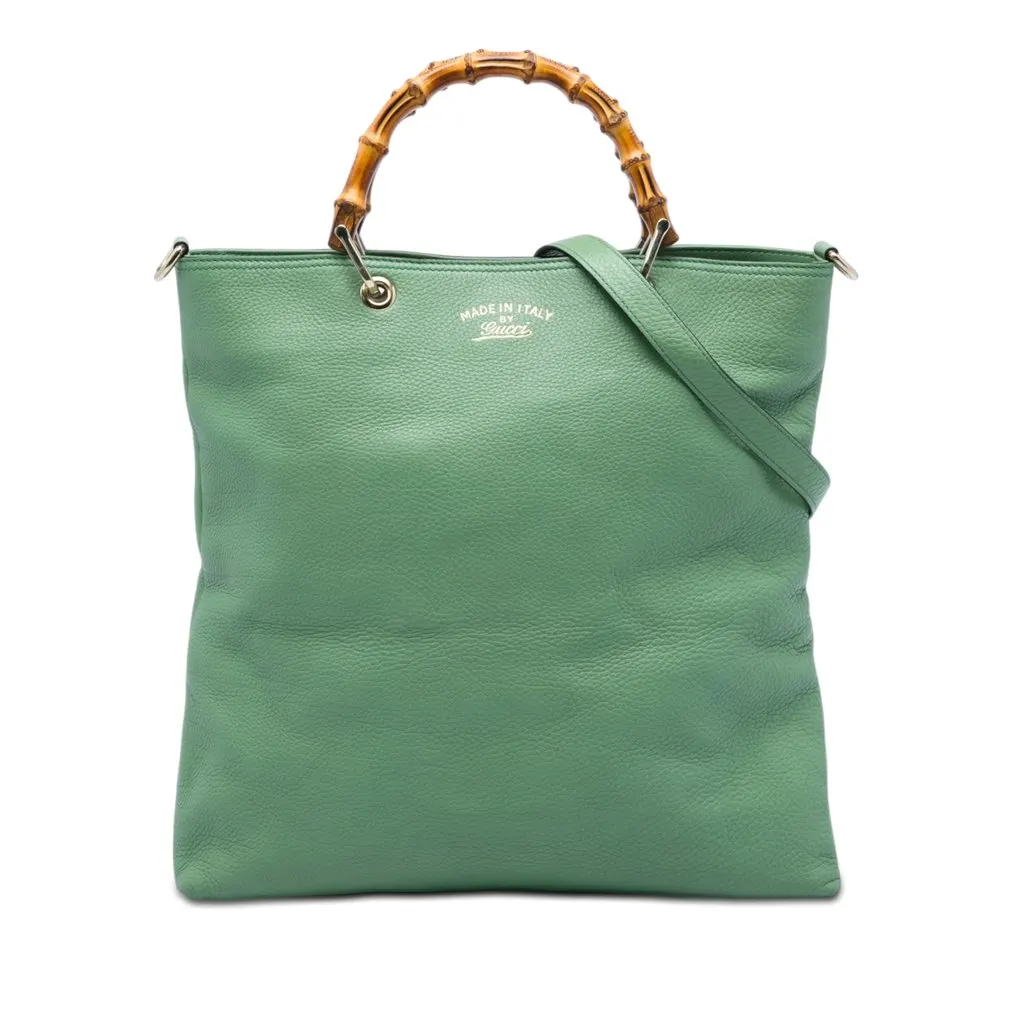 Gucci Tall Calfskin Bamboo Shopper Tote Green Leather Very good - Front View