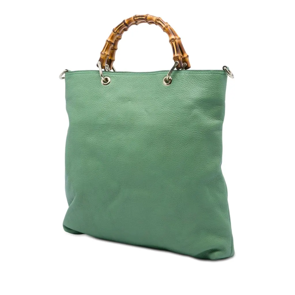 Gucci Tall Calfskin Bamboo Shopper Tote Green Leather Very good - Back View