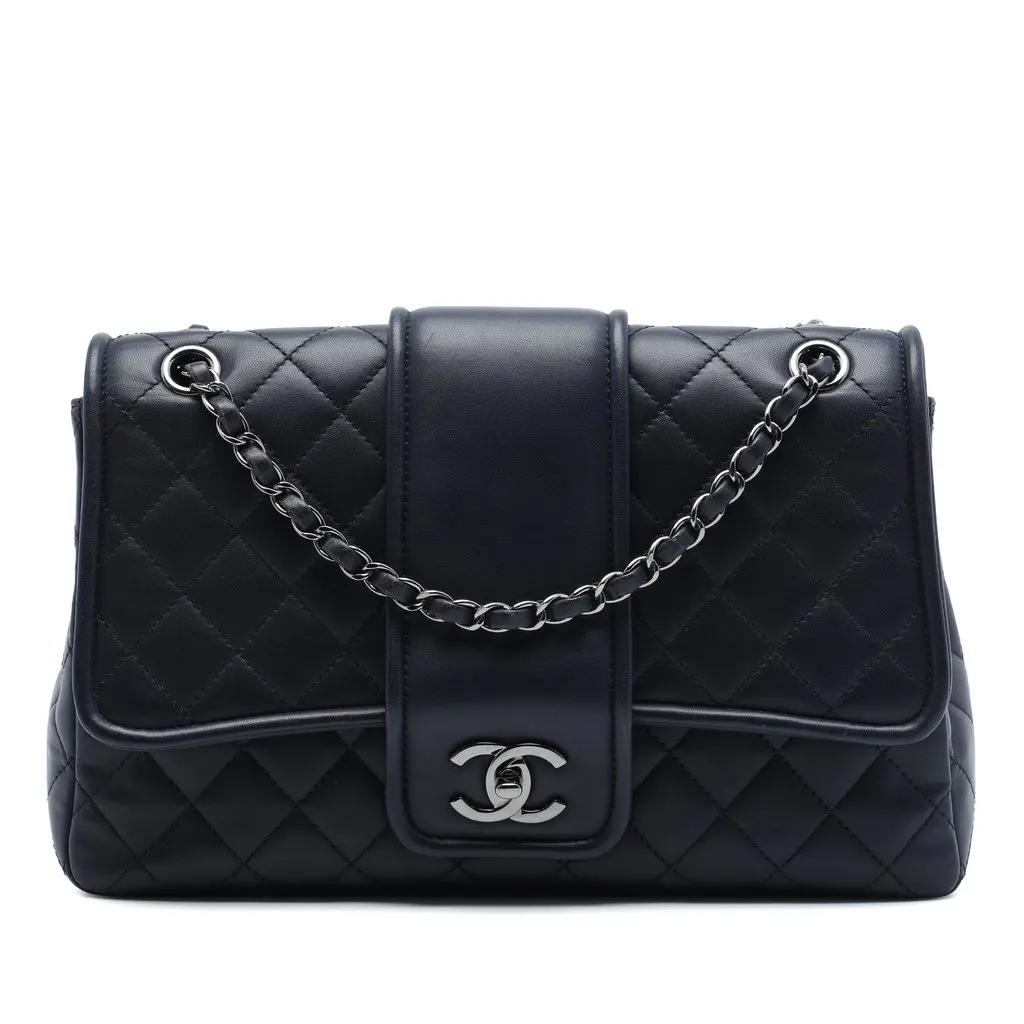 Chanel Large Quilted Lambskin Elementary Chic Flap Blue Leather Very good - Front View
