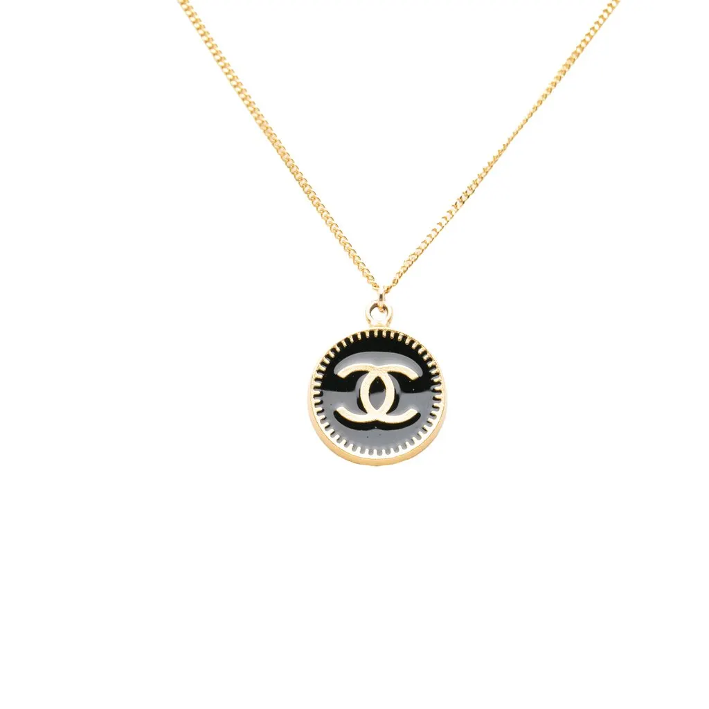 Chanel CC Gold Plated and Enamel Round Pendant Necklace Gold Metal Very good - Back View