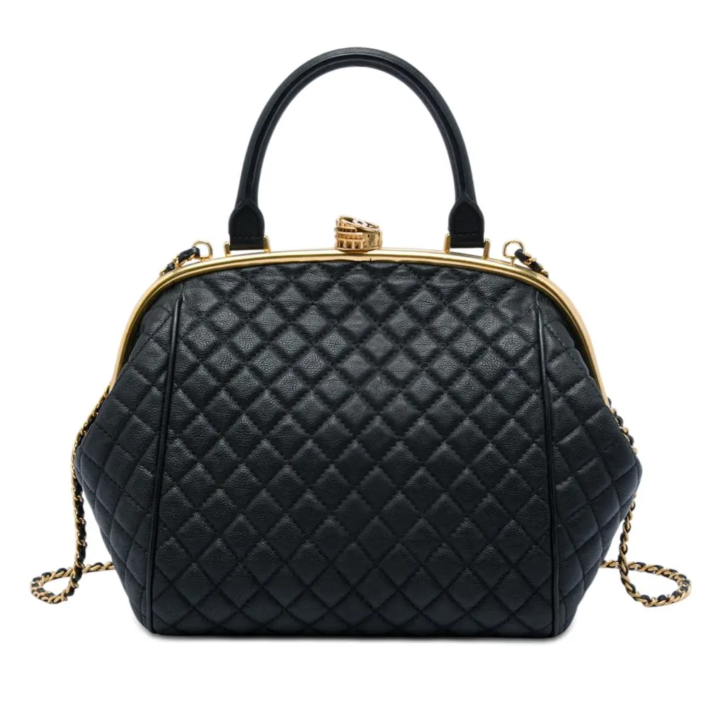 Chanel Paris Rome Quilted Calfskin Colosseum Lock Frame Bowling Bag Black Leather Very good - Front View