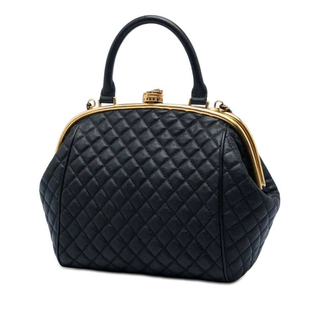 Chanel Paris Rome Quilted Calfskin Colosseum Lock Frame Bowling Bag Black Leather Very good - Back View