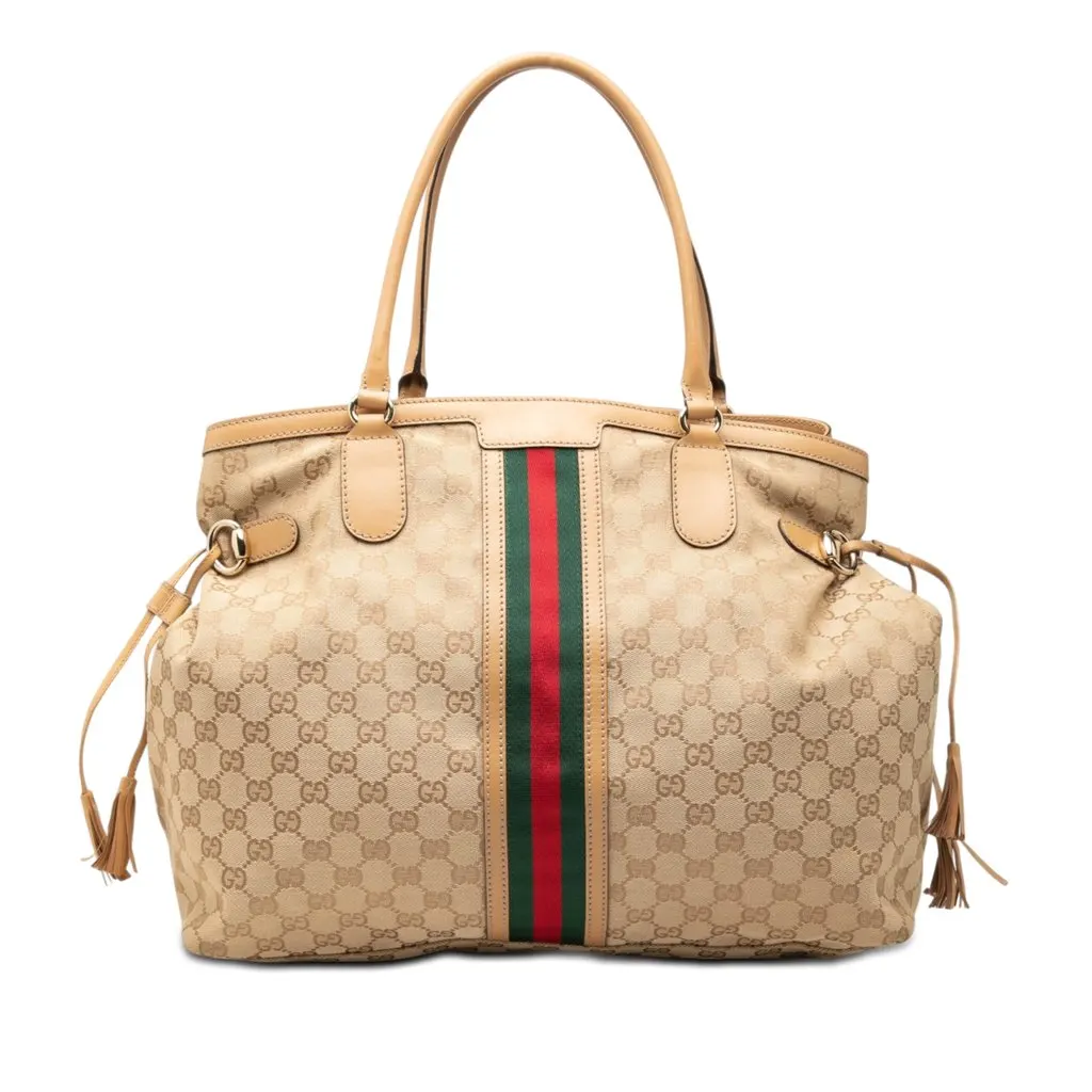 Gucci GG Canvas Web Tassel Tote Beige Very good - Front View