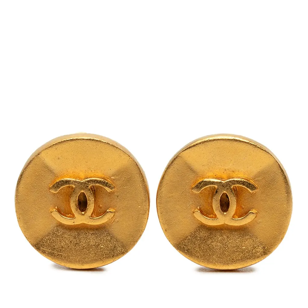 Chanel CC Gold Plated Button Clip On Earrings Gold Brass Very good - Front View