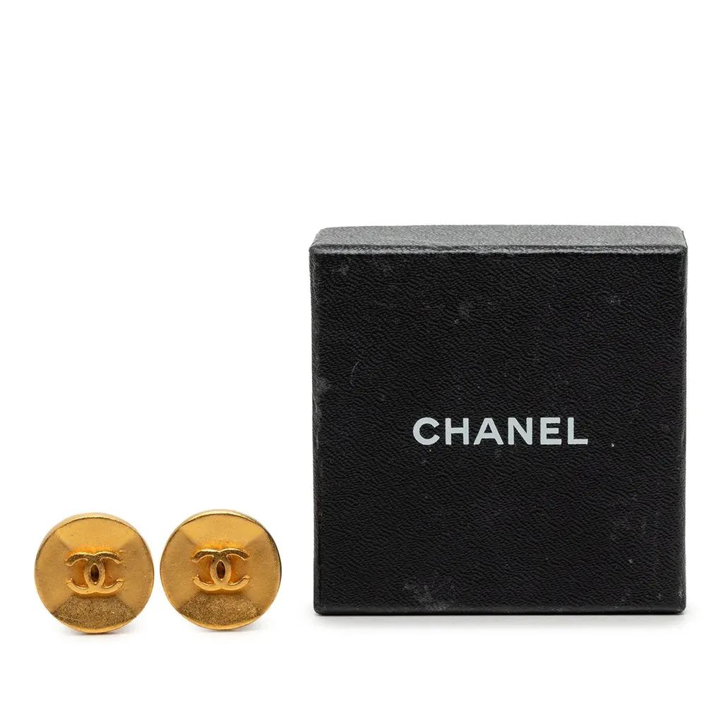 Chanel CC Gold Plated Button Clip On Earrings Gold Brass Very good - Model View