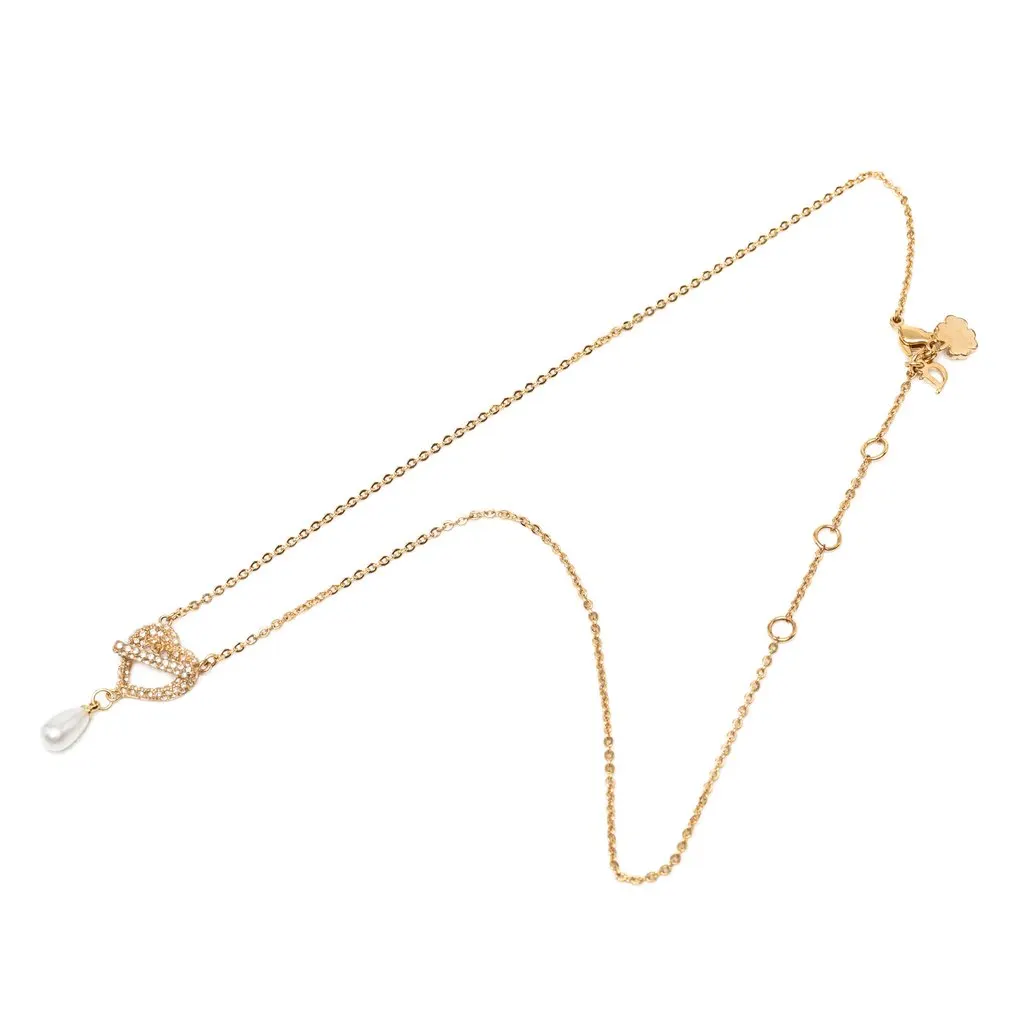 Dior Gold Plated Stass and Faux Pear Teardrop Pendant Necklace Gold Metal Very good - Front View