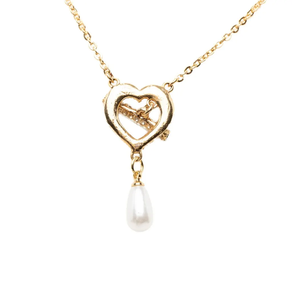 Dior Gold Plated Stass and Faux Pear Teardrop Pendant Necklace Gold Metal Very good - Back View