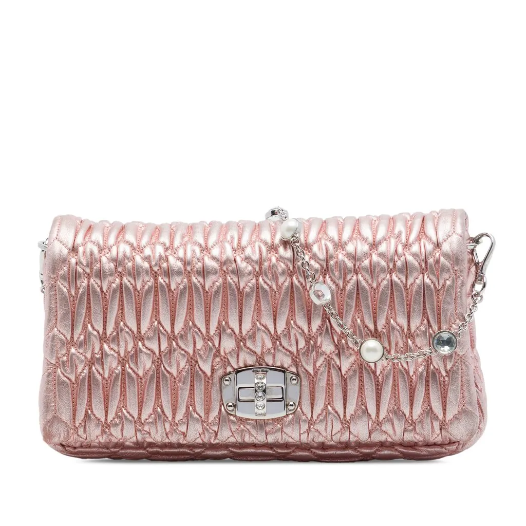 Miu Miu Matelasse Metallic Nappa Crystal Chain Satchel Pink Leather Very good - Front View