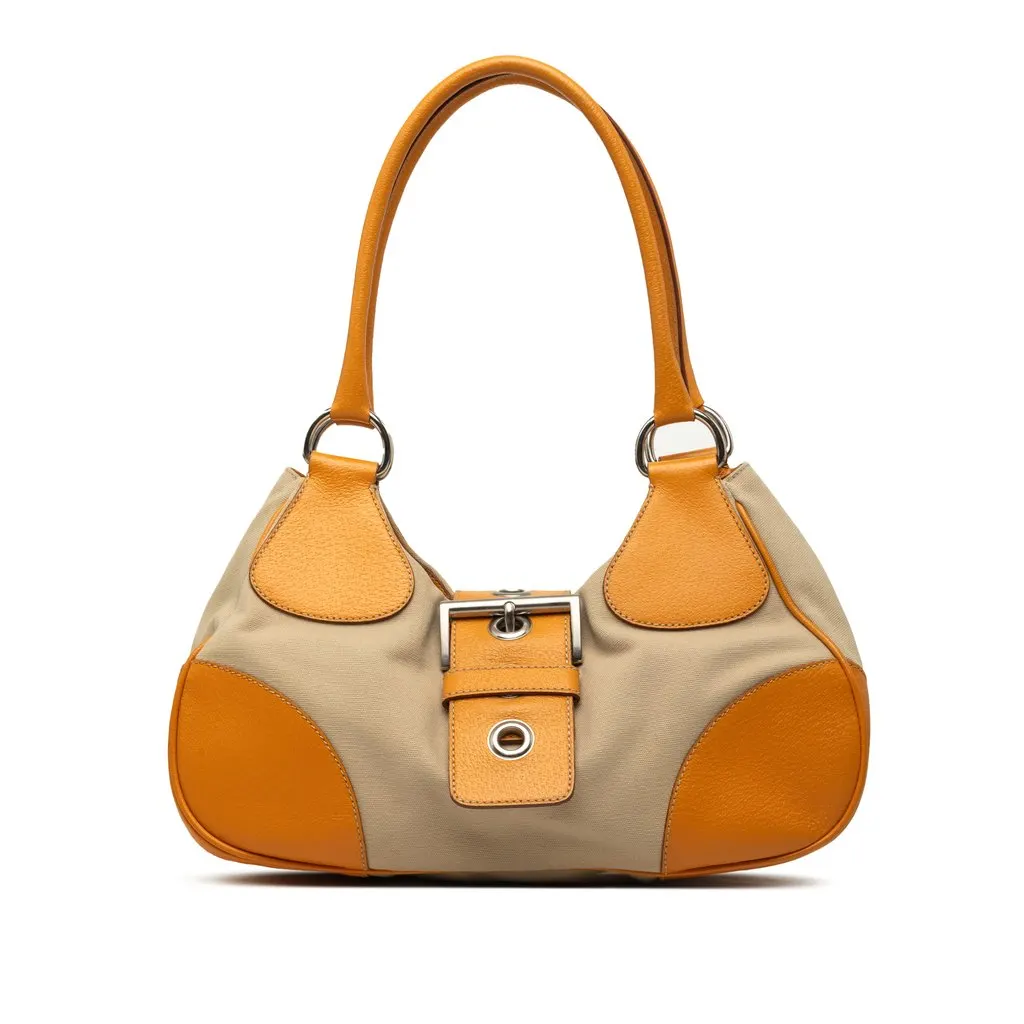 Prada Cinghiale Trimmed Canvas Canapa Moon Shoulder Bag Beige Good - Front View