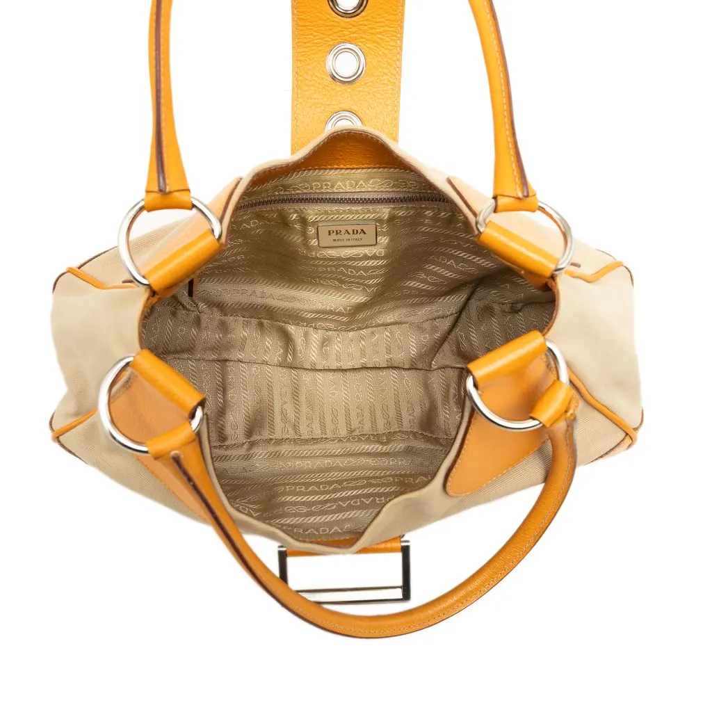 Prada Cinghiale Trimmed Canvas Canapa Moon Shoulder Bag Beige Good - Model View
