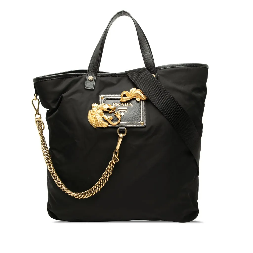 Prada Saffiano Trimmed Tessuto Animalier Dragon Satchel Black Very good - Front View
