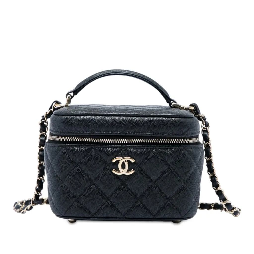 Chanel Small Quilted Caviar Top Handle Vanity Case with Chain Black Leather Very good - Front View