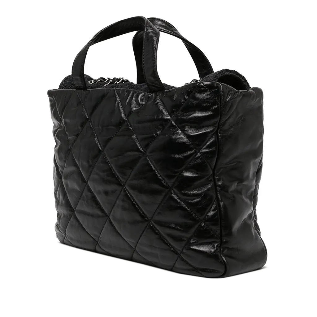 Chanel Quilted Glazed Calfskin and Tweed Portobello Tote Black Leather Very good - Back View