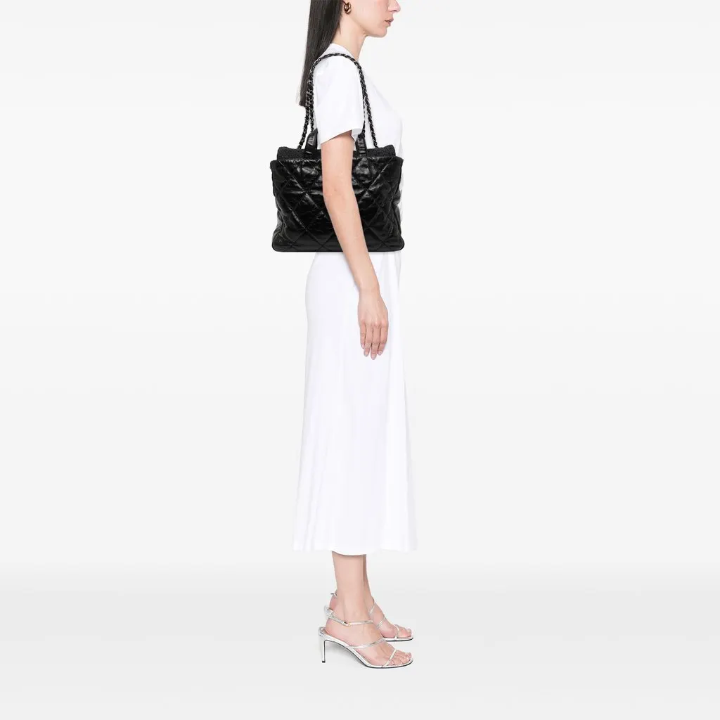 Chanel Quilted Glazed Calfskin and Tweed Portobello Tote Black Leather Very good - Box View
