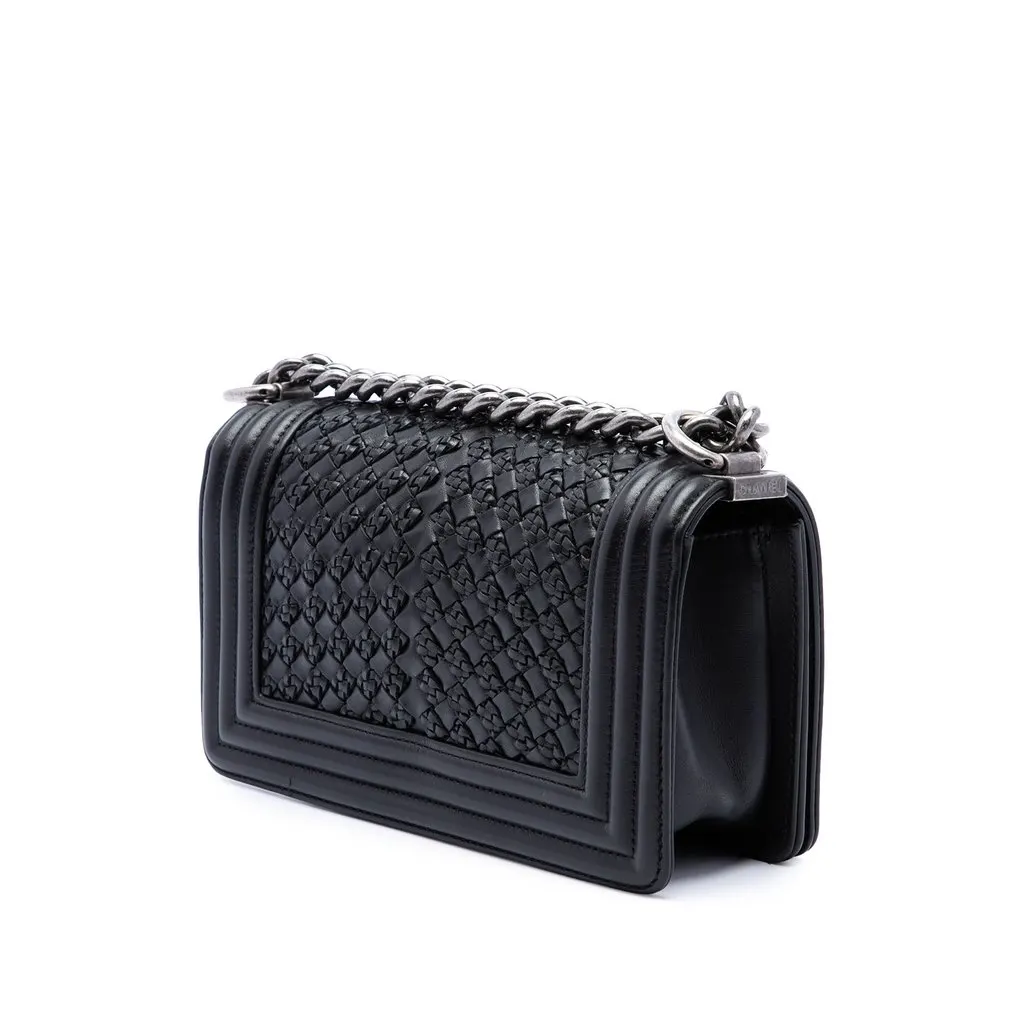 Chanel Small Braided Woven Lambskin Boy Flap Black Leather Good - Back View
