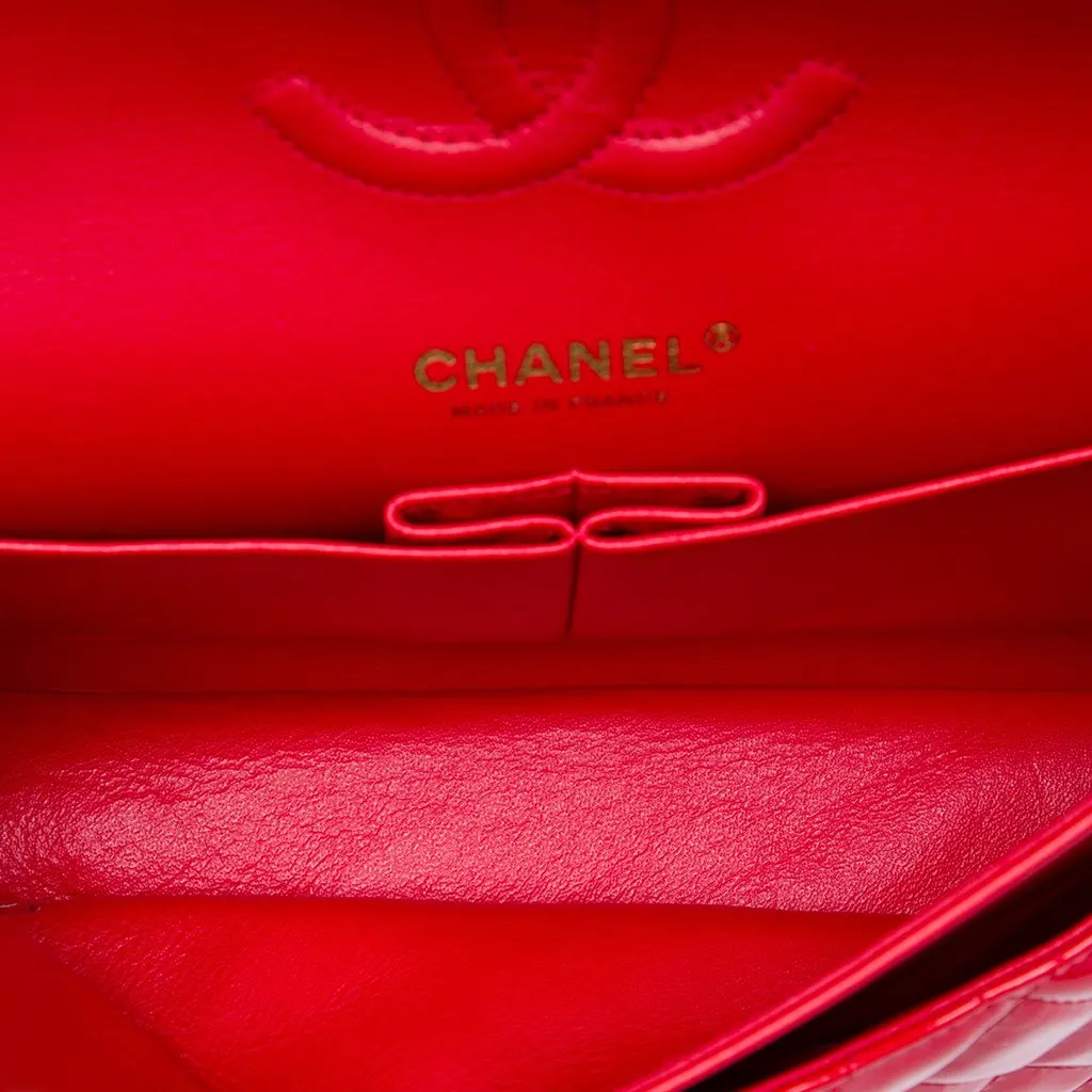 Chanel Medium Classic Patent Double Flap Red Leather Good - Model View