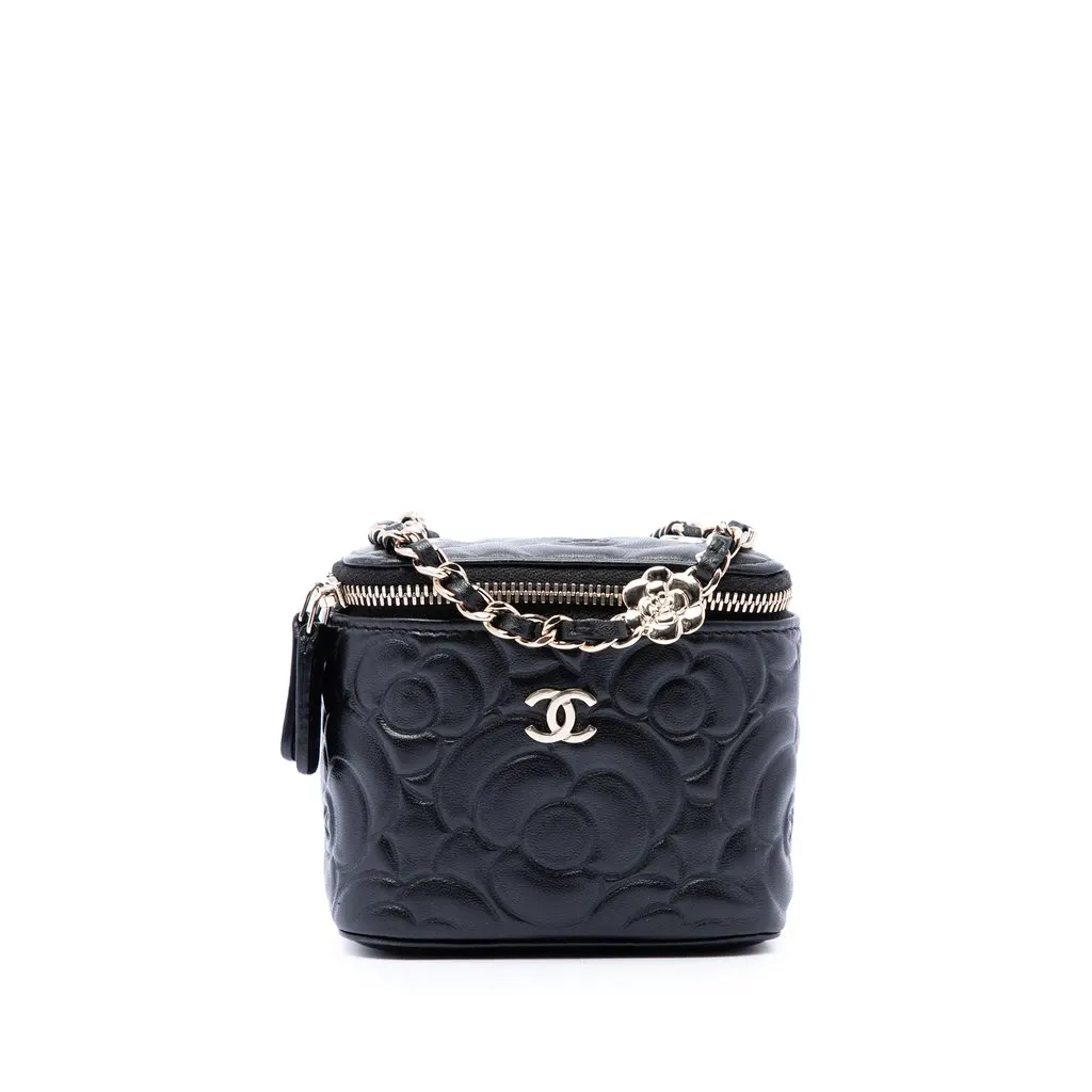 Chanel Mini Camellia Embossed Lambskin Vanity Case With Chain Black Leather Very good - Front View