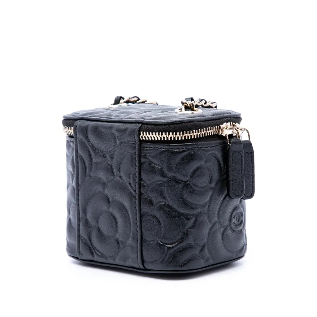 Chanel Mini Camellia Embossed Lambskin Vanity Case With Chain Black Leather Very good - Back View