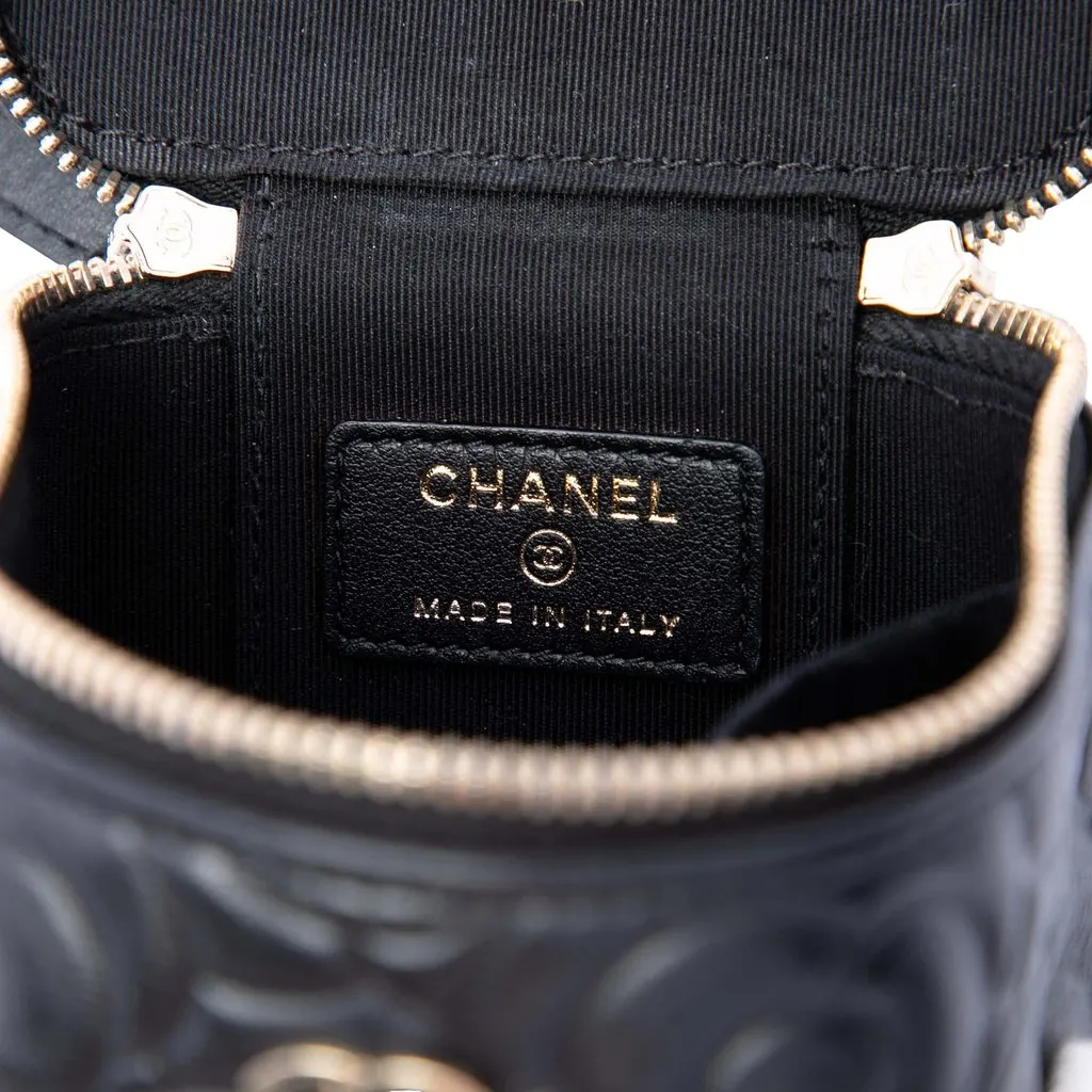 Chanel Mini Camellia Embossed Lambskin Vanity Case With Chain Black Leather Very good - Box View