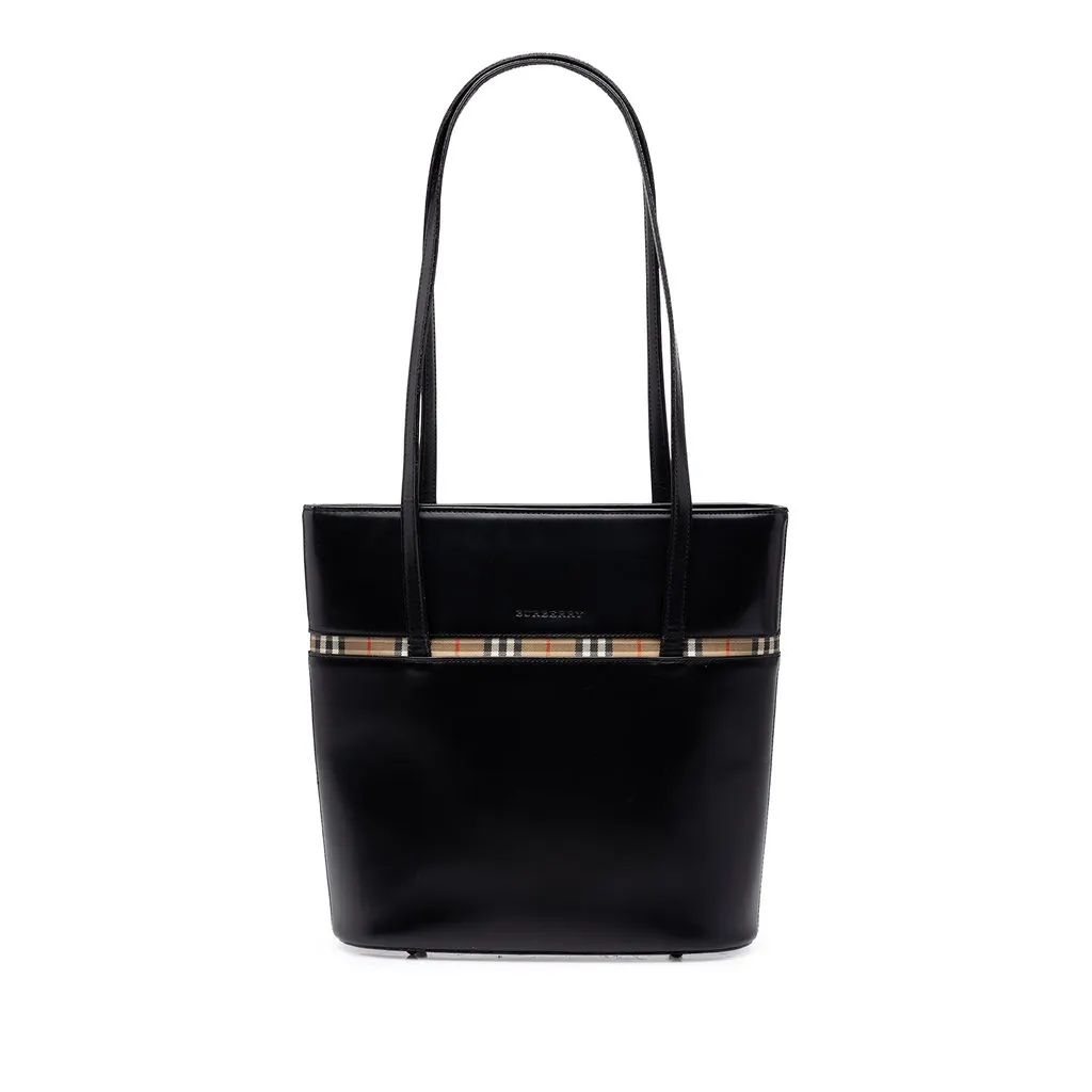 Burberry House Check Trimmed Leather Tote Black Leather Very good - Front View
