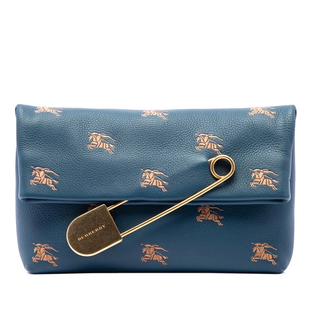 Burberry Medium Equestrian Knight Embroidered Leather Safety Pin Foldover Clutch Blue Leather Very good - Front View