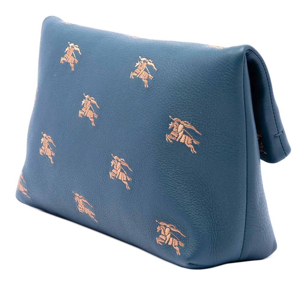 Burberry Medium Equestrian Knight Embroidered Leather Safety Pin Foldover Clutch Blue Leather Very good - Back View