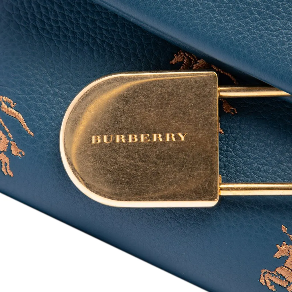 Burberry Medium Equestrian Knight Embroidered Leather Safety Pin Foldover Clutch Blue Leather Very good - Box View