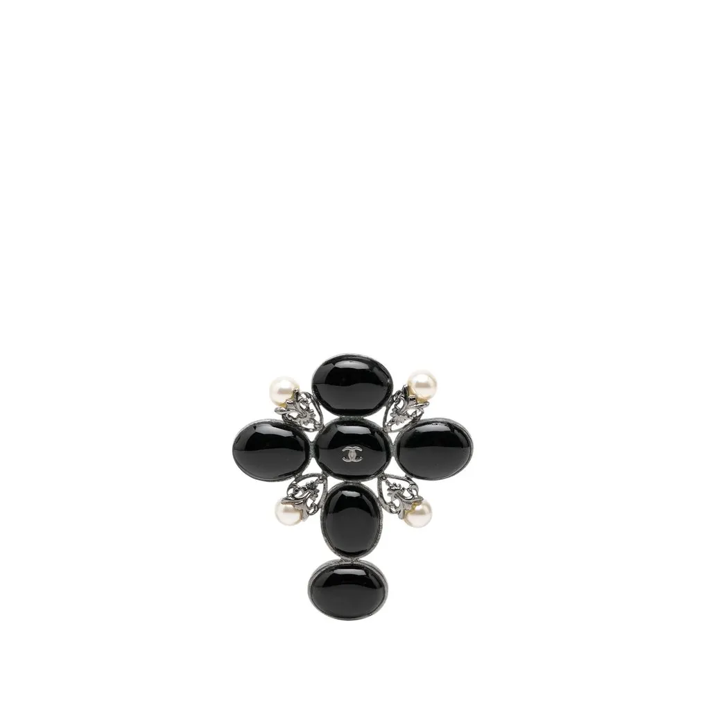 Chanel CC Brass Resin Faux Pearl Cross Brooch Black Plastic Very good - Front View