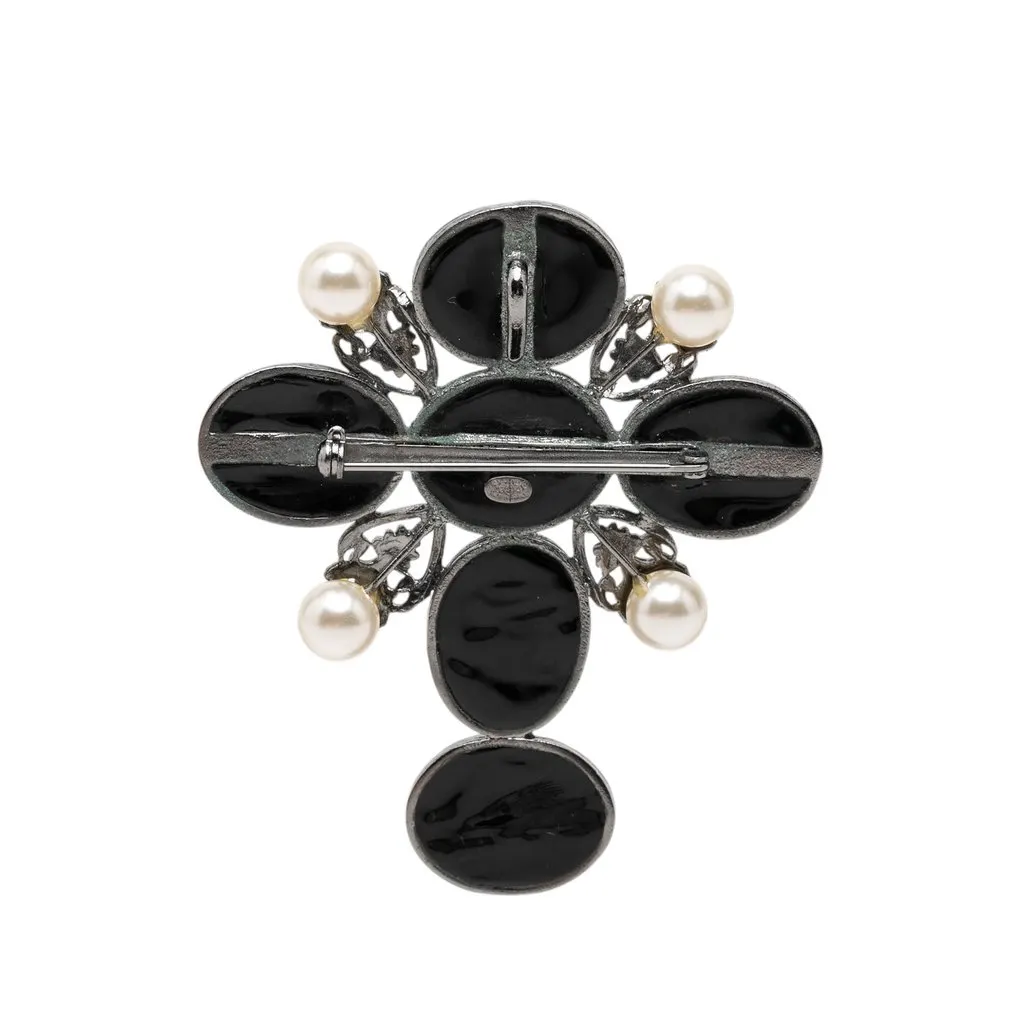 Chanel CC Brass Resin Faux Pearl Cross Brooch Black Plastic Very good - Back View
