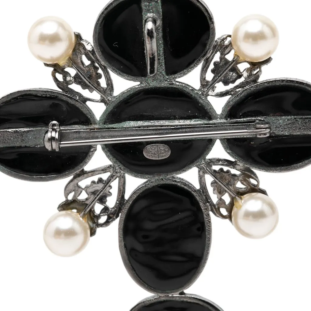 Chanel CC Brass Resin Faux Pearl Cross Brooch Black Plastic Very good - Inside View