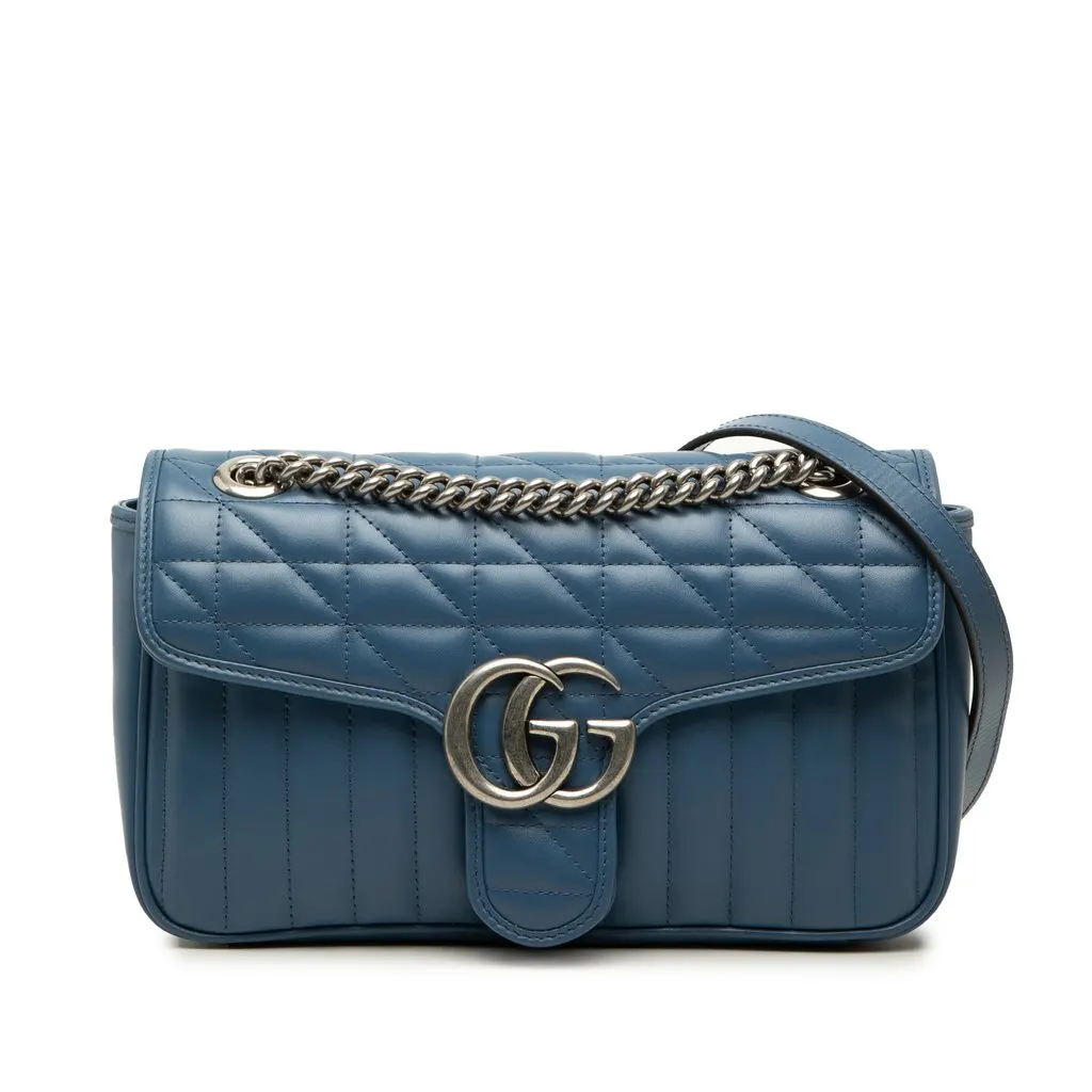 Gucci Medium GG Marmont Matelasse Calfskin Shoulder Bag Blue Leather Good - Front View