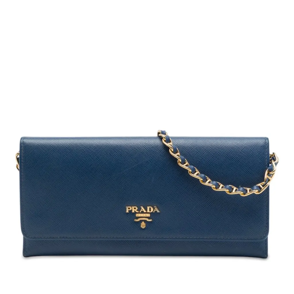 Prada Saffiano Wallet On Chain Blue Leather Very good - Front View